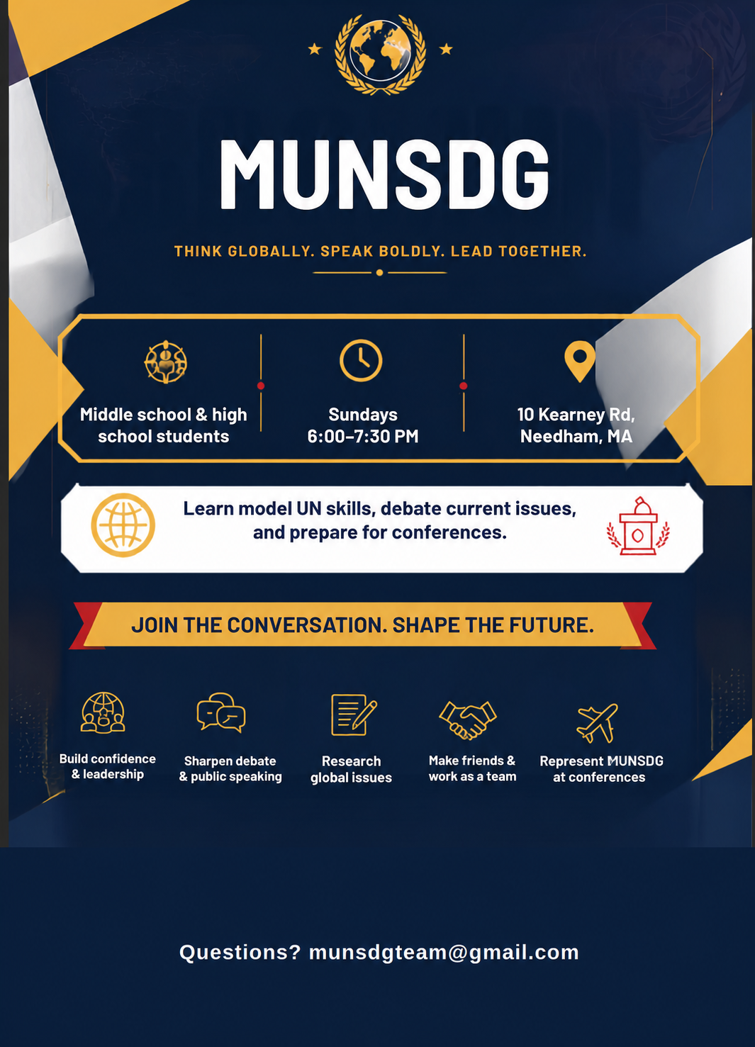 MUNSDG program flyer with schedule, location, program benefits, and team contact email